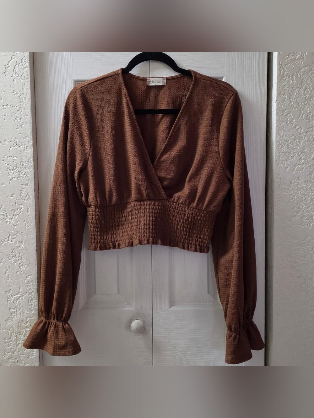 Altar'd State Brown Cropped Wrap Smocked Waist Top, Sz L